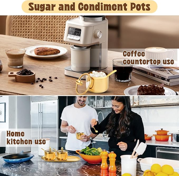Set of 3 Stainless Steel Sugar Container with Glass Lid and Spoon, Gold 10oz Seasoning Jar Condiment Pots with Serving Tray, Kitchen Canisters Set for Pepper, Salt, Spice, Candy