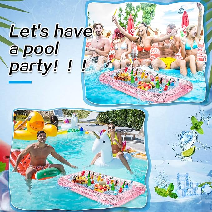 Leitee Inflatable Serving Bar with Drain Plug 52 x 24 x 5'' Inflatable Ice Serving Buffet Bar for Party Food Cooler Buffet Drink(Pink,Sequin Style)