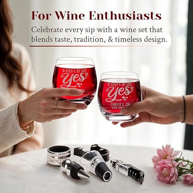 Custom She Asked Said Yes Bride Groom Wedding Engraved Set of 2 Stemless Wine Glasses and Accessories with Wood Box Design Your Own Personalized Gift for Him Her Couples