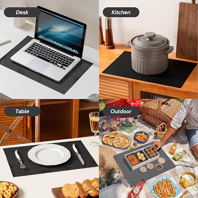 Placemats Set of 4, Heat Resistant Place Mats, Washable PVC Table Mats, Woven Vinyl Plastic Placemats for Dining Table, Non-Slip Stain Resistant Kitchen Table Placemats Easy to Clean?Black?
