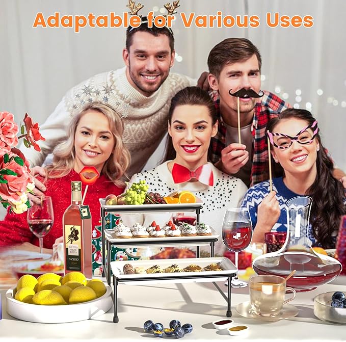 3 Tier Serving Tray for Party, 14"x7" Tiered Serving Platters with Steel Display Stand for Sevring Food,Cookies,Veggie, Dessert,Fruit, Black