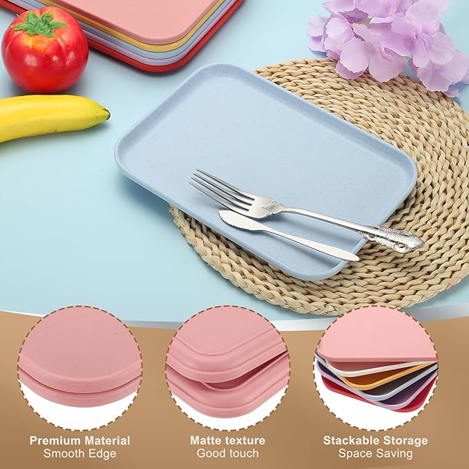 PATIKIL 15x10.6 Plastic Tray, 2 Pack Rectangular Plates Food Tray Wheat Plates Dishes Reusable Dessert Plate Trays with Cloth for Cake Fruits Salad Cupcake Steak Serving Pink