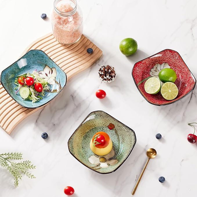 Porcelain Square Dessert Salad Pasta Plates 6.7 inches ceramic plates set of 4 Stackable Dinner Plates for Steak, Pasta, Salad,Dessert，Microwave and Dishwasher Safe (4 colors, 6.7 Inch)