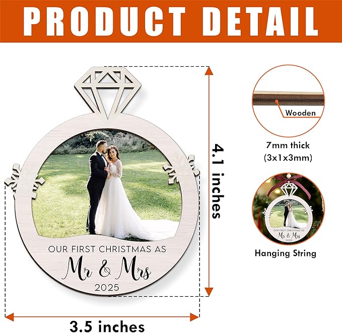 Personalized First Christmas Mr and Mrs Ornament Gifts - Wedding Gifts 2025 - Bridal Shower Bride Gift Ideas for Her, Married Couple, Newlywed - Picture Frame Wood Hanging Ornament 2025