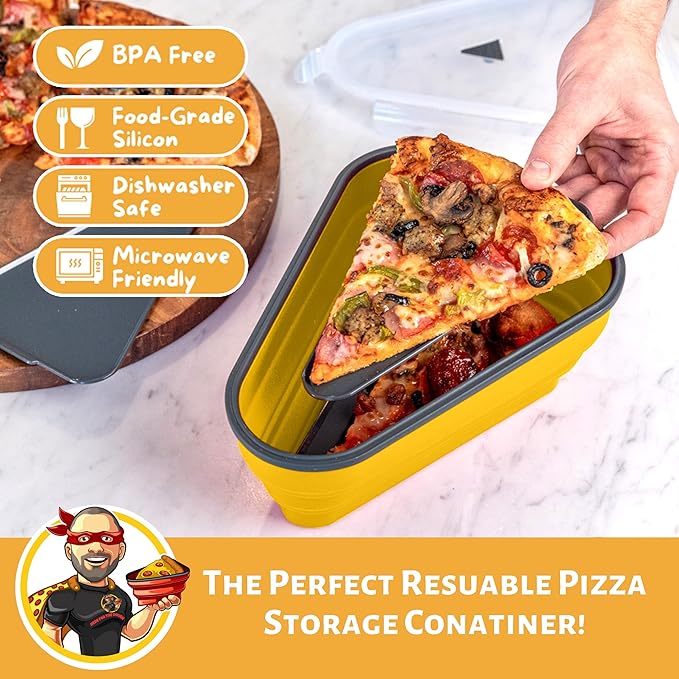 The Perfect Pizza Pack™ - Reusable Pizza Storage Container with 5 Microwavable Serving Trays - BPA-Free Adjustable Pizza Slice Container to Organize & Save Space, Yellow