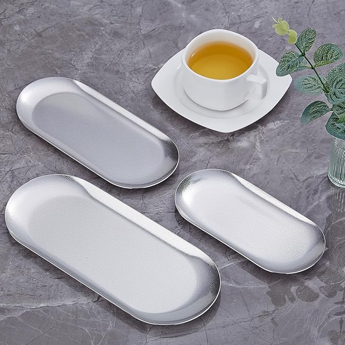 8.5X3.7 inch ellipse Appetizer Plates,thick stainless steel Dinner Plates, Pasta Dessert Plates for Sushi, Fruit oven/Dishwasher Safe, Set of 4,silver