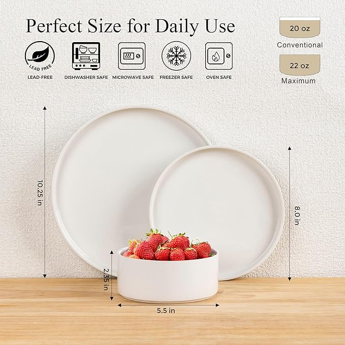 LERATIO Ceramic Dinnerware Sets,Handcraft Embossed Stoneware Plates and Bowls Sets,Highly Chip and Crack Resistant | Dishwasher & Microwave & Oven Safe Dishes set,Service for 4 (12pc)-White