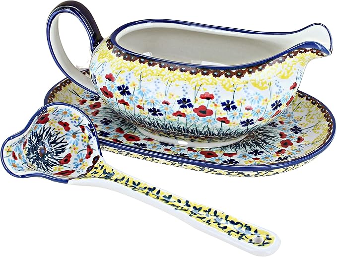 Blue Rose Polish Pottery - Yellow Prairie Garden Gravy Boat & Ladle - 1.5 Cup Capacity - Perfect Gravy Boat for Holiday Dinners, Dinner Parties, and Everyday Dining