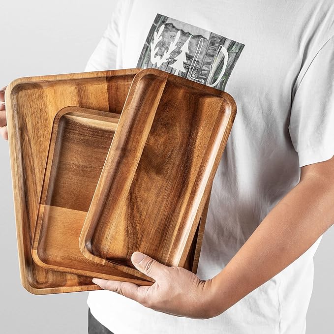 BF BILL.F SINCE 1983 Acacia Wood Rectangular Serving Tray Set of 3, Elegant Farmhouse Style