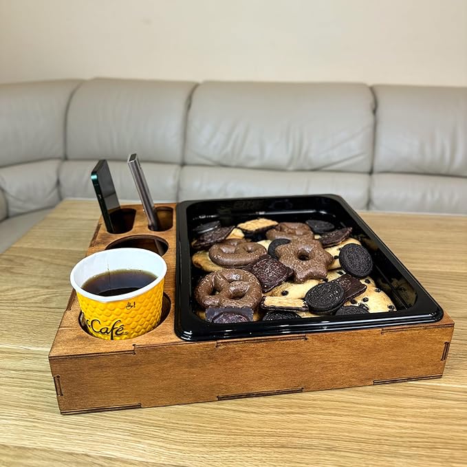 Wooden Serving Tray with Cup Holder - Coffee Table Rustic Cookie Caddy – Drink Tray - Couch Organizer - Ottoman Stand Caddy for Food - Snack Holder for Movie and Game Nights