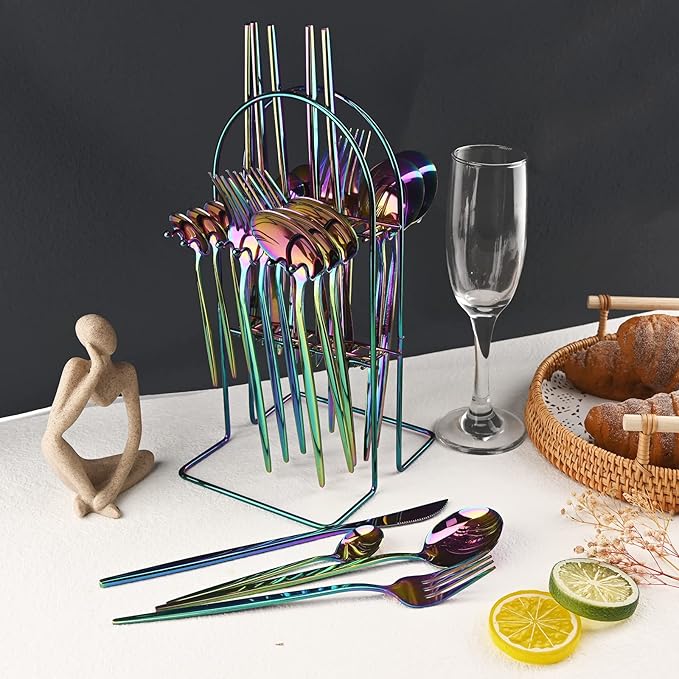 JASHII 24-Piece Stainless Steel Flat Flatware Set for 6, Fork Spoon Knife Set Eating Utensils Tableware with Holder for Kitchens Home and Restaurant, Dishwasher Safe - Shiny Rainbow