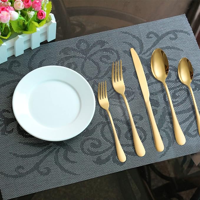 20-Piece Gold Serving Flatware Silverware Set, Stainless Steel Serving Utensil Set, Cutlery Set Service For 4 ，Dishwasher Safe Perfect For Home Kitchen Restaurant (Gold)