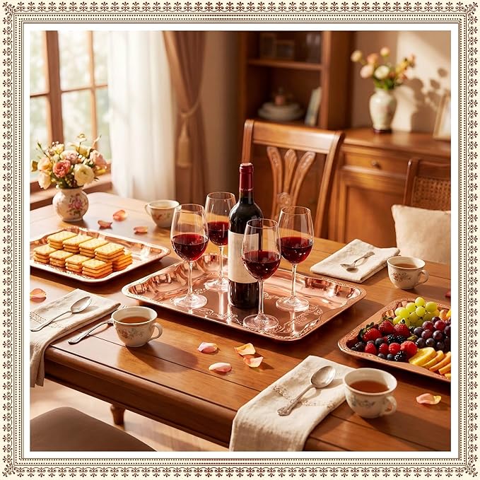 4 Pack Rose Gold Serving Trays Set for Party, Butterfly Floral Rose Gold Platter Engraved Mirror Tray, 15.8 x 11.6 Inches Elegant Metal Plate for Christmas Food Appetizer Cookies Desserts