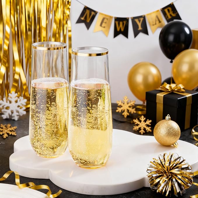 Ciaell 24 Pack Gold Plastic Champagne Flutes - 9 Oz Disposable Champagne Glasses - Stemless Mimosa Glass for Parties & Weddings & Birthdays & Christmas