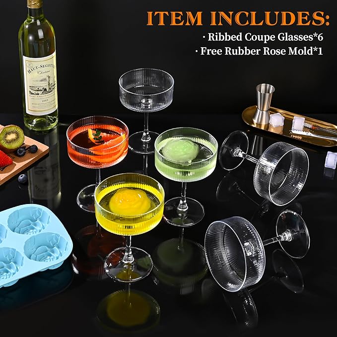 Amyoole Vintage Ribbed Coupe Glasses Set of 6-11oz Clear 100% Crystal Martini Glasses Elegant Cocktail Glasses, Transparent Glassware for Champagne, Margaritas, Espresso with a Rose Ice Mold