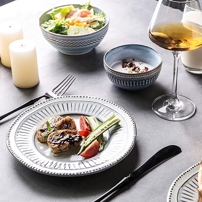 Dinner Sets,Ceramics Dinner Sets,16 Pieces Relief Craft Porcelain Dinnerware Set | Retro Blue and White Cereal Bowl Steak Plate and Soup Bowl for Special Restaurant,