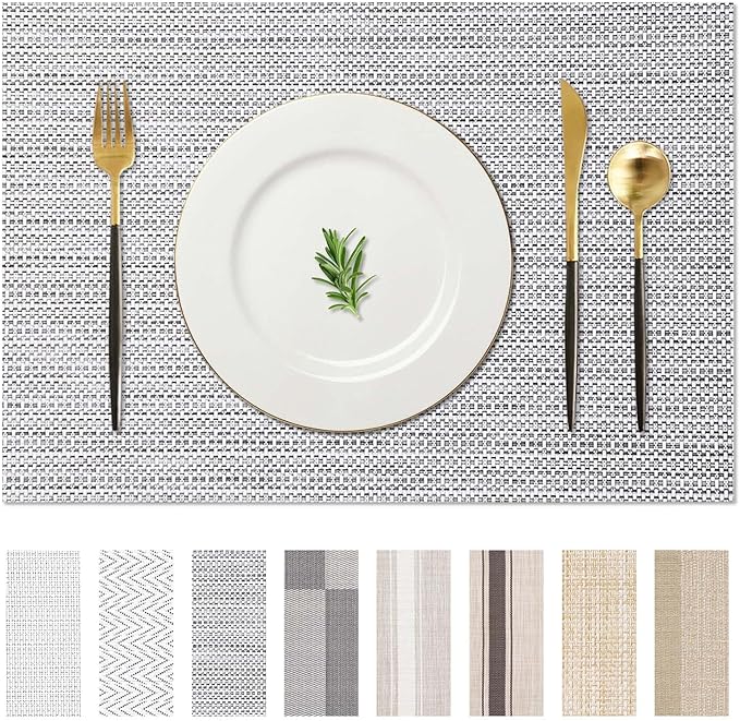 AHHFSMEI Placemats for Dining Table Set of 4 Woven Vinyl Plastic Place Mats Non-Slip Heat Insulation Stain Resistant Table Mats Washable Easy Clean Placemats (White Grey Silver 4)
