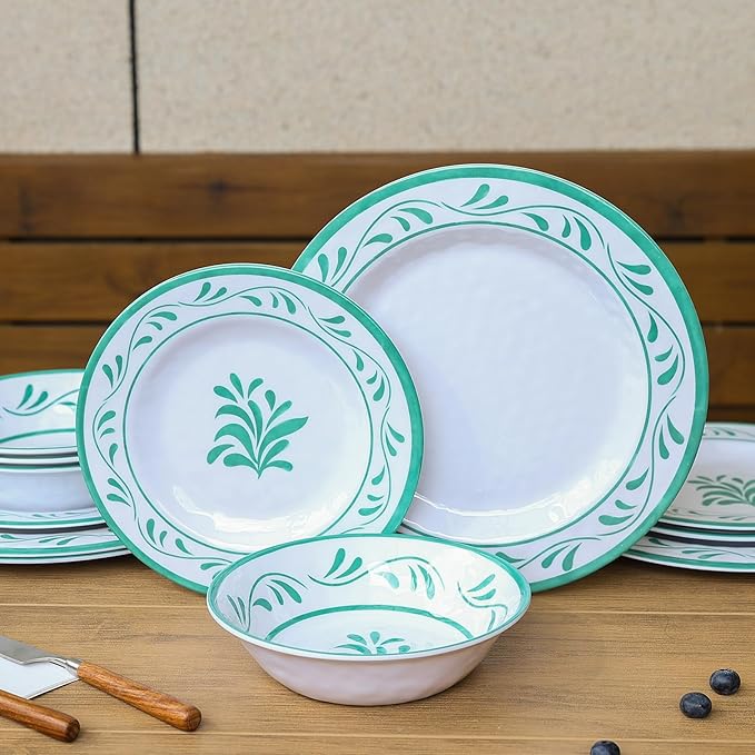 Melamine Dinnerware Sets 12 Pcs, Melamine Plates and Bowls,Party Plates and Bowls Sets, Camping Dishes Set for 4, Unbreakable, BPA Free, Dishwasher Safe （Green water drop flower）