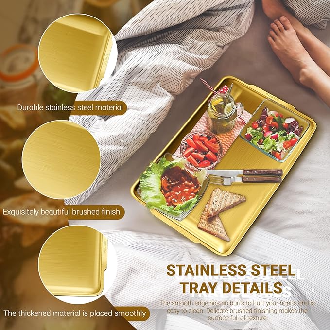 2Pcs Stainless Steel Serving Tray, 15.7 x 9.4In Rectangle Gold Serving Platter with Handle, Decorative Coffee Table Plate, Ottoman Dish for Party Eating Kitchen Food Dessert BBQ (2Pcs)