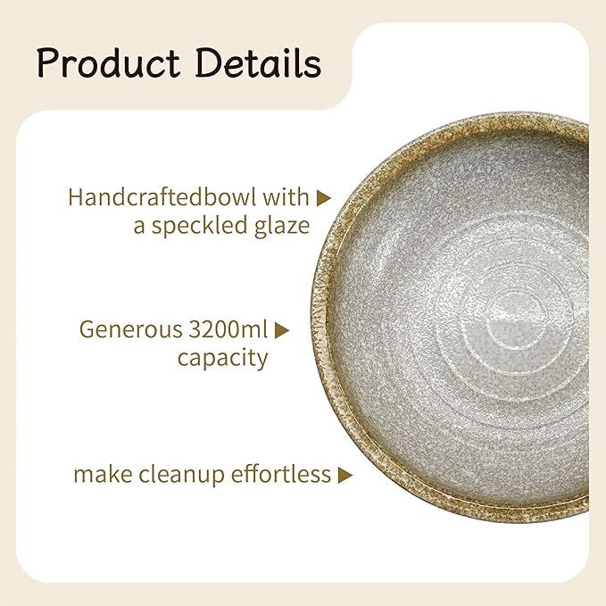 11.5-Inch Large Ceramic Salad Bowl Set – Speckled Stoneware with Stainless Steel Servers, Handcrafted Texture, Dishwasher Safe (Speckled Beige)