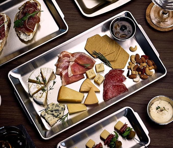 SUS304 Stainless Steel Serving Platters, Rectangle Metal Dinner Plate with Handles, Decorative Tray, Lightweight, Cheese Board, Oven Safe (14.17 x 7.87 inches)