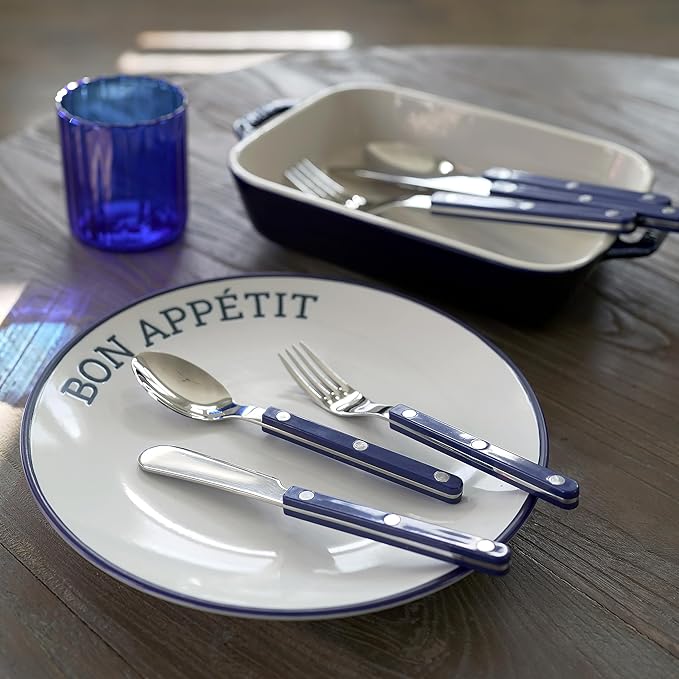 6-Piece Stainless Steel Flatware Silverware Cutlery Set - Color Handle with Rivet/Retro Style - Includes Dinner Knife; Dinner Fork; Salad Fork; Soup Spoon; Teaspoon; Spreader (NAVY)