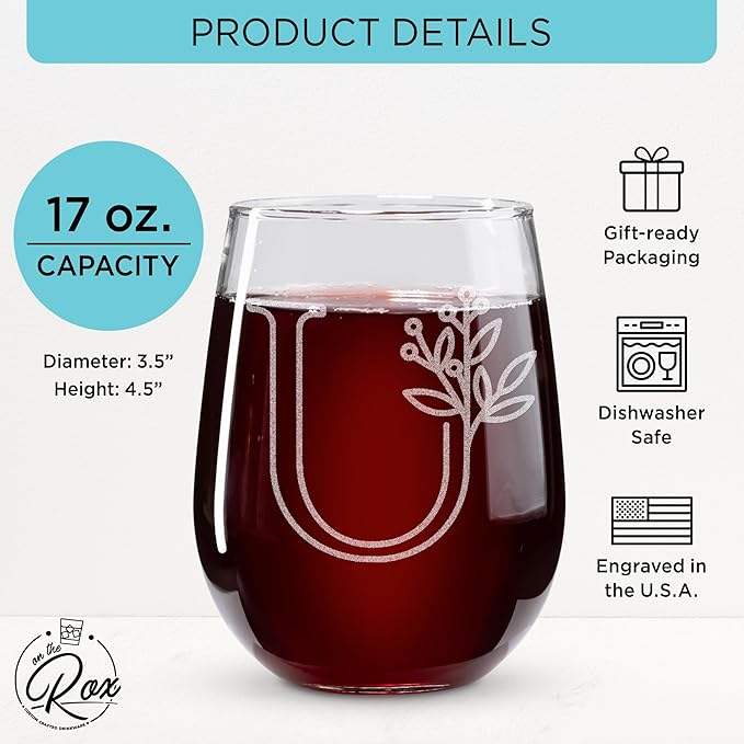 On The Rox Drinks Monogrammed Gifts For Women and Men - Letter A-Z Initial Engraved Monogram Stemless Wine Glass - 17 Oz Personalized Wine Gifts For Women and Men (U)