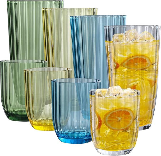 AKMQYM Acrylic Clear Highball Plastic Cups | Plastic Reusable Tumblers 15oz & 20oz (Set of 8) | Stackable | BPA-free Tumblers | Shatterproof | Top-rack Dishwasher Safe