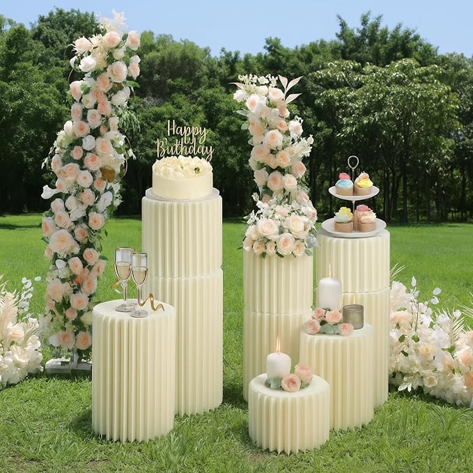 Stacking-Block Design Cake Stands for Party, Customizable Height, Sturdy Cardboard Column with Acrylic Plate, Reusable Round Cylinder Stands for Party for Birthday, 9PCS, Milky White