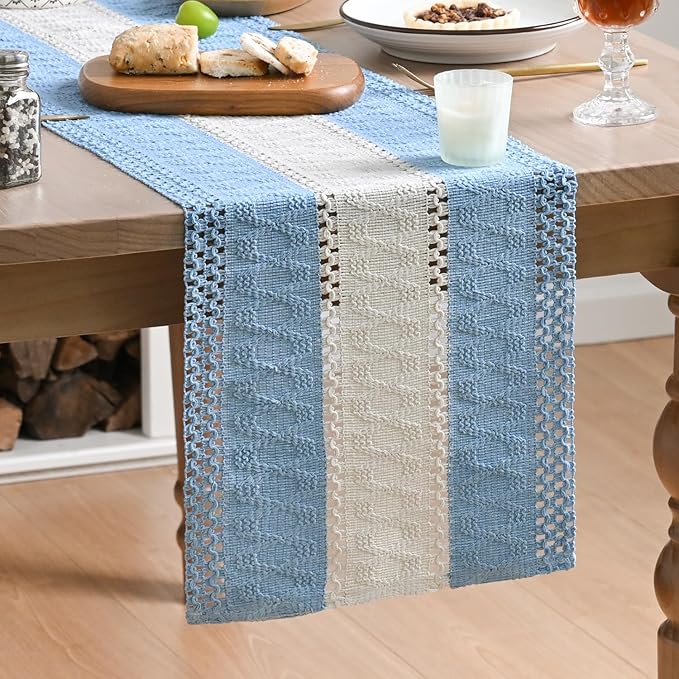 Artoid Mode Sky Blue Farmhouse Rustic Table Runner, Seasonal Hollow Kitchen Dining Table Decoration for Home Party Decor 12x48 Inch