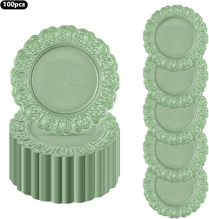 Green Plastic Charger Plates Set of 100,13” Reusable Party Chargers for Dinner Plates, Elegant Round Service Plate Chargers Bulk Decorative for Wedding, Catering Table Decor