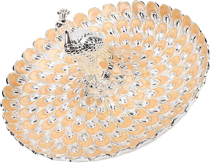 Zerodis Decorative Peacock Serving Tray, Zinc Alloy Fruit Platter, Elegant Storage Centerpiece for Home Kitchen Table, Snacks Cookies Display (Silver Orange)