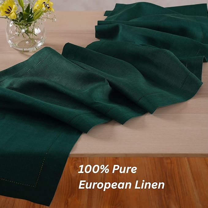 Home Ekaa Green 100% Pure Linen Table Runner 14 x 90 Inch Long - Washable Hemstitch Runner for Christmas, Winter, Holiday & New Year - Elara