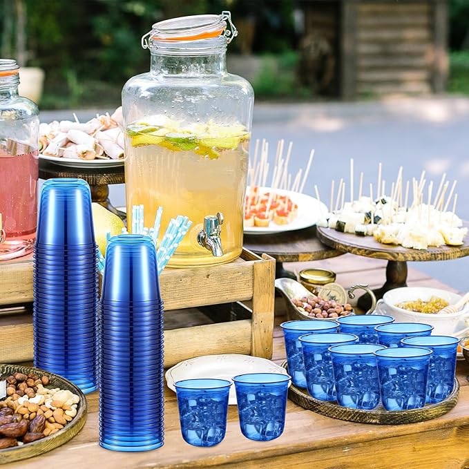 Disposable Stemless Glasses 12oz Crystal Plastic Wine Glasses Clear Classic Pet Cup for Meeting Weddings Birthdays Cocktail Christmas Party Supplies(Blue,50 Pcs)