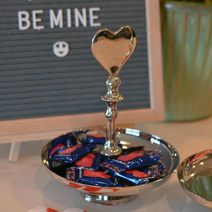 Heart Handle Serving Trays, Set of 2, Single Tier, Handmade, Gleaming Silver Metal, Circular, Pedestal Base, Aluminum, 8.25 Inches