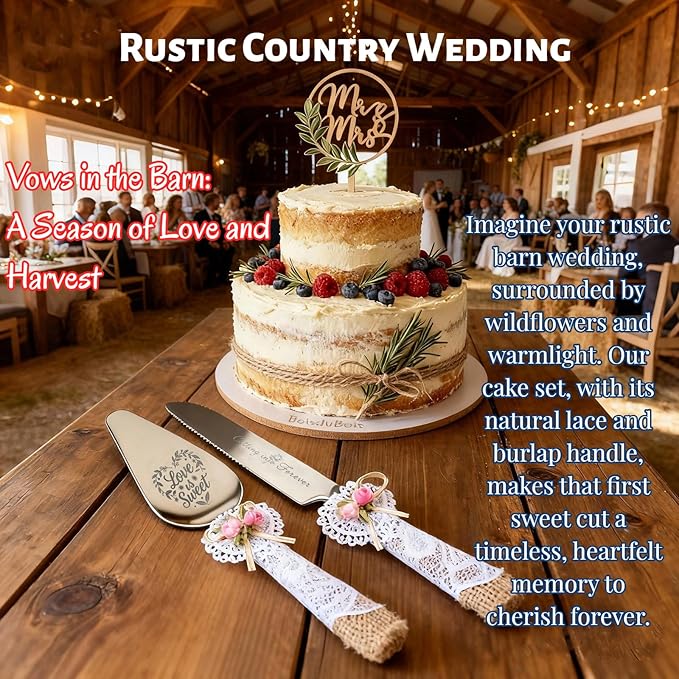 Wedding Cake Knife and Server Set – 10.83" Serrated Knife & 9.84" Server with Rustic Lace Burlap Handles, Stainless Steel Blades, for Bride & Groom, Anniversary & Engagement Gift (silver)