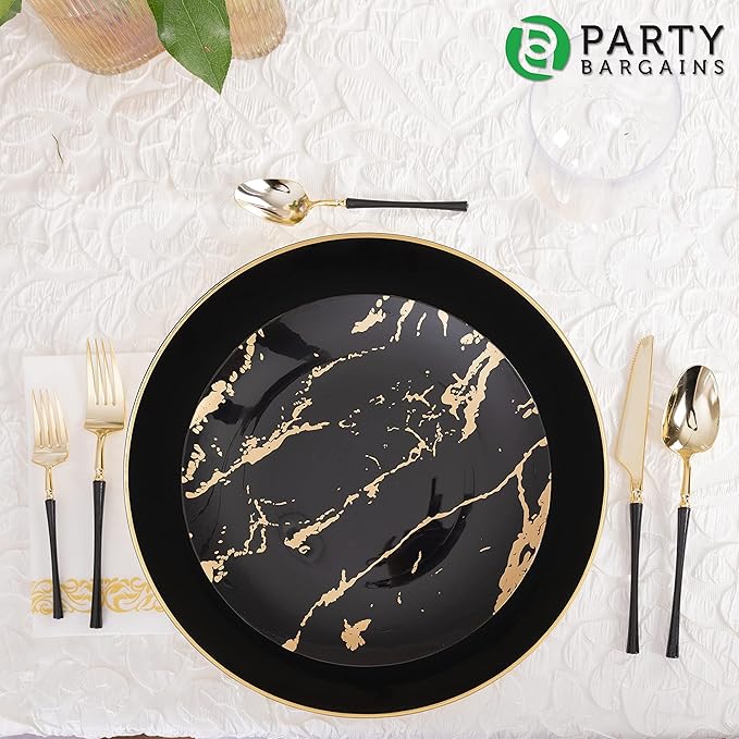 PARTY BARGAINS 13-Inch Charger Plates - 48 Pack, Organic Collection Black Gold Rim, Heavy-Duty Disposable Chargers for Elegant Dining - Ideal for Weddings and Formal Events