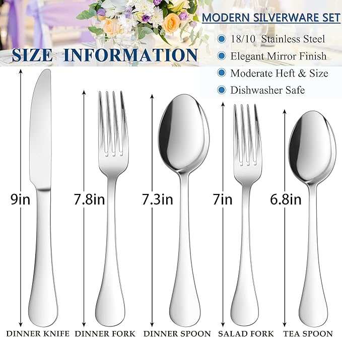 Herogo 18/10 Stainless Steel Silverware Set, 40-Piece Fancy Flatware Cutlery Set for 8, Modern Tableware Eating Utensils for Home Restaurant Wedding, Mirror Polished, Dishwasher Safe