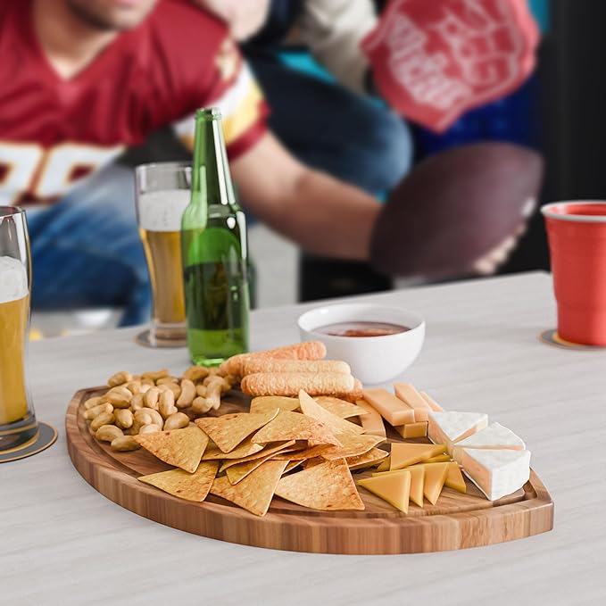 Football Shaped Cutting Board – Acacia Wood Charcuterie Tray – Wooden Football Serving Platter for Super Bowl Parties, Tailgate Hosting & Gifts