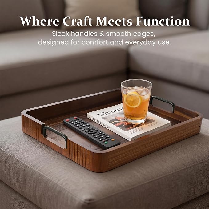 Acacia Wood Serving Tray with Metal Handles  – 17x13in Rustic Decorative Ottoman & Coffee Table Tray for Breakfast in Bed, Dinner, Bar, Kitchen, Home Décor & Entertaining