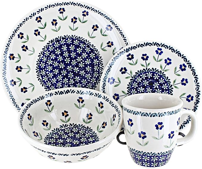 Blue Rose Polish Pottery - Blue Daisy 16 Piece Dinner Set - 4 Place Settings - Great for Everyday Dining, Casual Dining, or as Formal Dinnerware