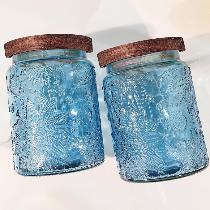 Glass Storage Jars With Airtight Lid, 23.7oz Canister For Kitchen Counter with Wooden Lid, brown sugar, candy, coffee, cookie, salt, tea,pantry cute Jar (2-Pack Blue, 23.7 floz)
