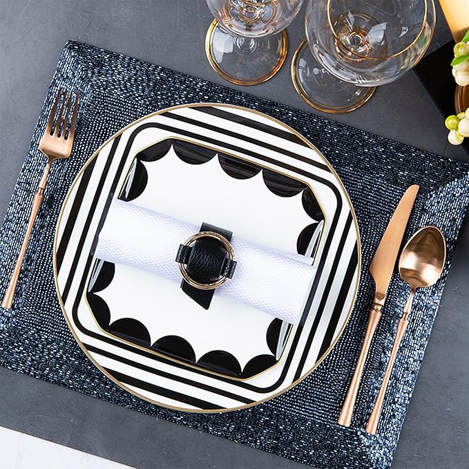 gold trim dinnerware set service for 2, 8 pieces black and white ceramic plate set, bone china plate and cup sets for hotel, birthday, Mother's Day