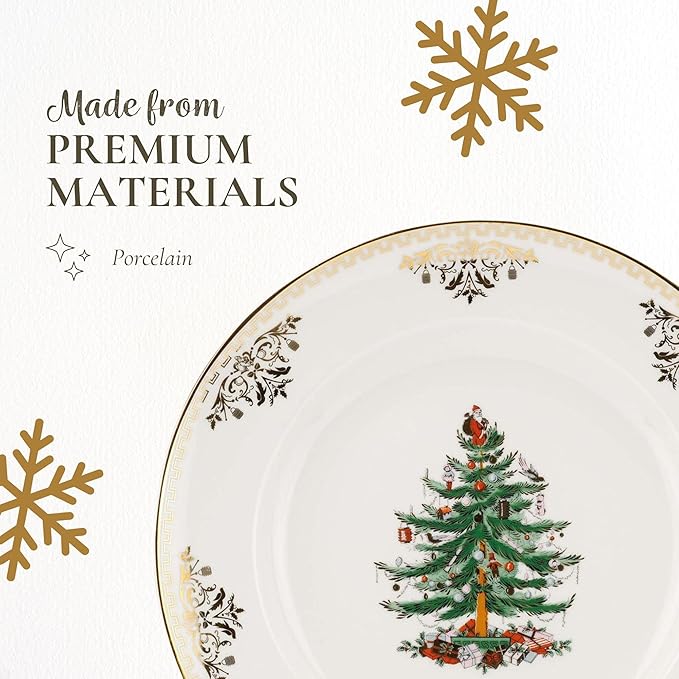 Spode Christmas Tree Gold Dinner Plate (Set of 4) – 10 Inch Porcelain Dinner & Appetizer Dish, Holiday-Themed Serving Plate, Microwave & Dishwasher Safe, Festive Collectible Seasonal Dining