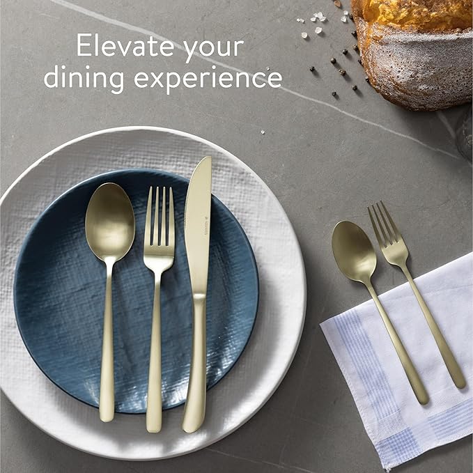Navaris Silverware Set - 40-Piece 18/0 Stainless Steel Kitchen Cutlery Sets with Satin Champagne Finish - Versatile Dinner Knives and Forks and Spoons Dinner Set for 8 People