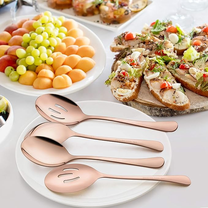 LIANYU 8-Piece Large Copper Serving Spoons, Copper Slotted Serving Spoons, 9.8Inch Stainless Steel Serving Utensils for Party Buffet Restaurant Banquet Dinner Catering, Dishwasher Safe