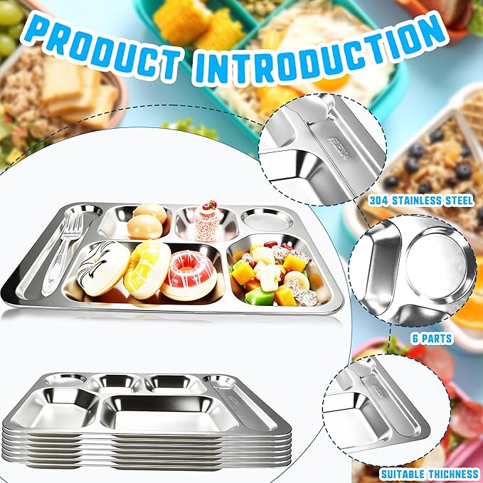 8 Pack 304 Stainless Steel Divided Plates Tray 6 Section Dinner Plates Unbreakable Metal Serving Platter Rectangular Control Plate for Adults Picky Eaters Campers Portion Control