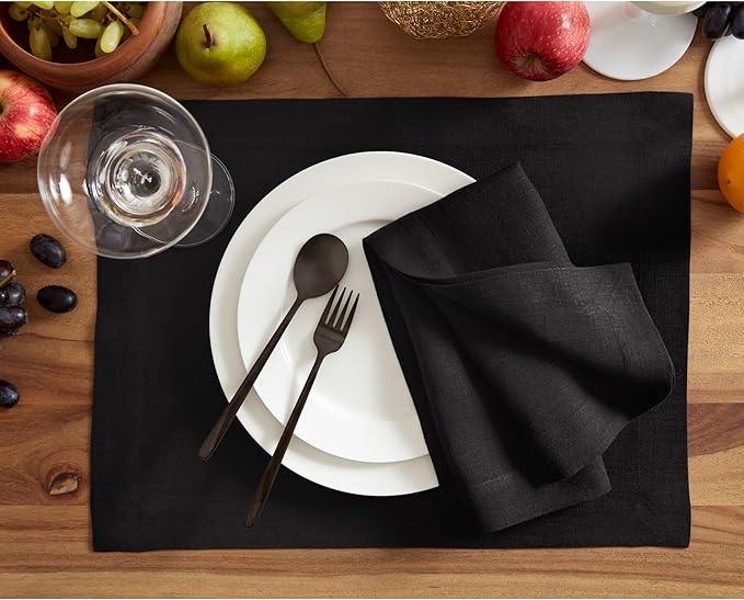 Solino Home 100% Pure Linen Placemats Set of 6 - Black 14 x 19 Inch Table Place Mats for Christmas, Winter, New Year - Sonoma, Machine Washable