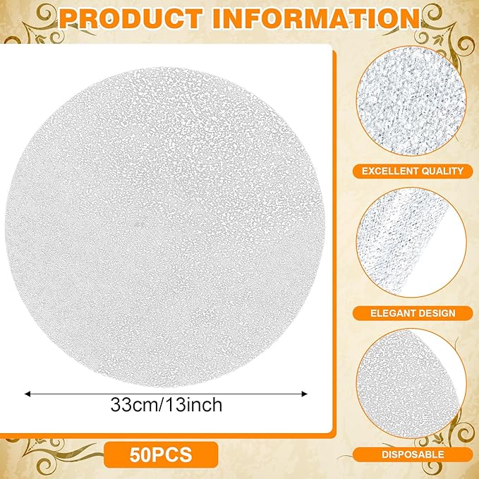 50 Piece Silver Placemats 13 Inch Disposable Silver Foil Place Mats Round Mesh Pressed Paper Placemat for Elegant Wedding, Birthday Party, Church Banquet, Dinners, and Dining Room Table Decor