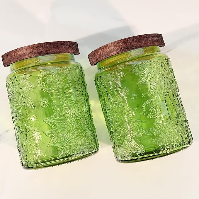 Glass Storage Jars With Airtight Lid, 23.7oz Canister For Kitchen Counter with Wooden Lid, brown sugar, candy, coffee, cookie, salt, tea,pantry cute Jar (Green, 23.7 floz)